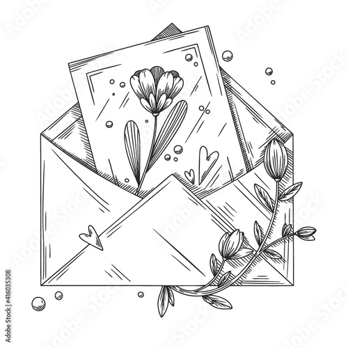 Envelope with postcard, flowers and hearts. Holiday package. Vector illustration
