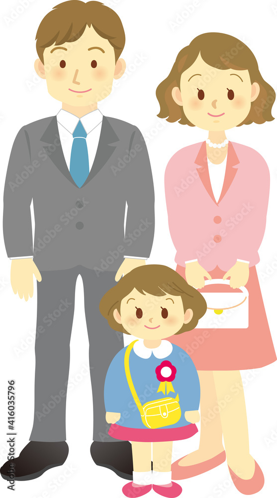 イラスト素材：3月卒園式　4月入園式　3人家族　ピンクのスーツ　核家族