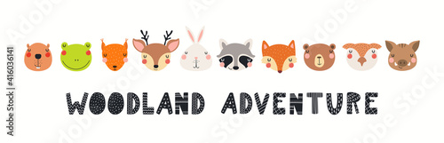 Cute wild animal faces clipart collection, isolated on white. Hand drawn vector illustration. Woodland elements set. Scandinavian style flat design. Concept for kids fashion, textile print, banner