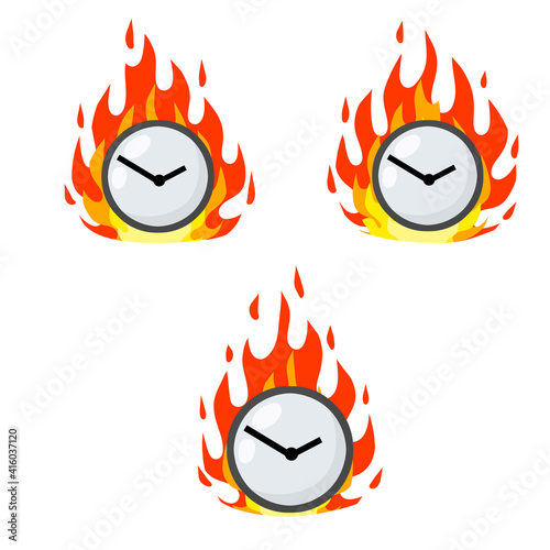 Set of dials in flames. Late and delayed. Business icon. Cartoon flat illustration. Lack of time and haste