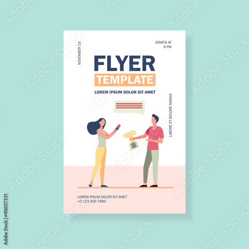 Woman interviewing winner. Microphone, cup. Flat vector illustration. Mass media or competition concept can be used for presentations, banner, website design, landing web page