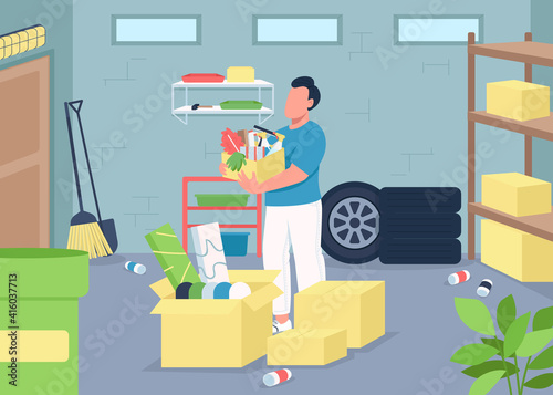 Garage cleaning flat color vector illustration. Household decluttering. Spring cleaning. Home chores. Man with washing equipment 2D cartoon character with messy basement on background