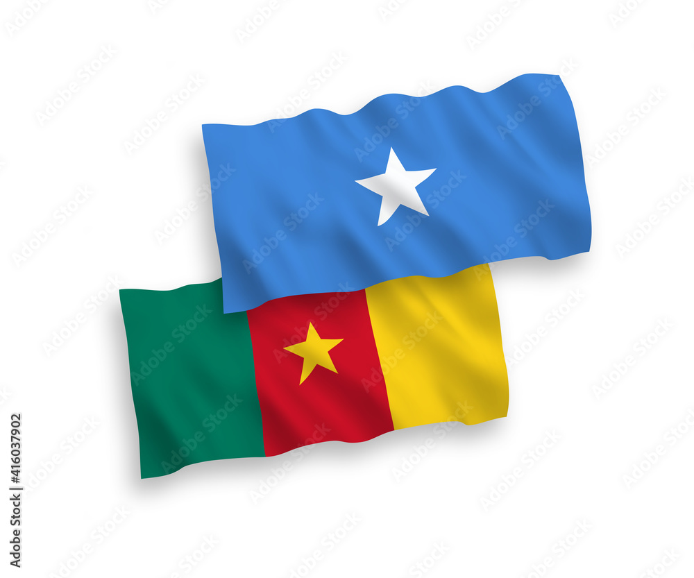 National vector fabric wave flags of Cameroon and Somalia isolated on white background. 1 to 2 proportion.