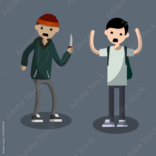 The problem of urban security. Robbery guy. A criminal with a knife. Scared man and extortion money