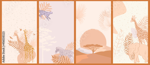Collection of vertical background with African wild animals, plants. Mobile App, Social media background.  Editable vector illustration.