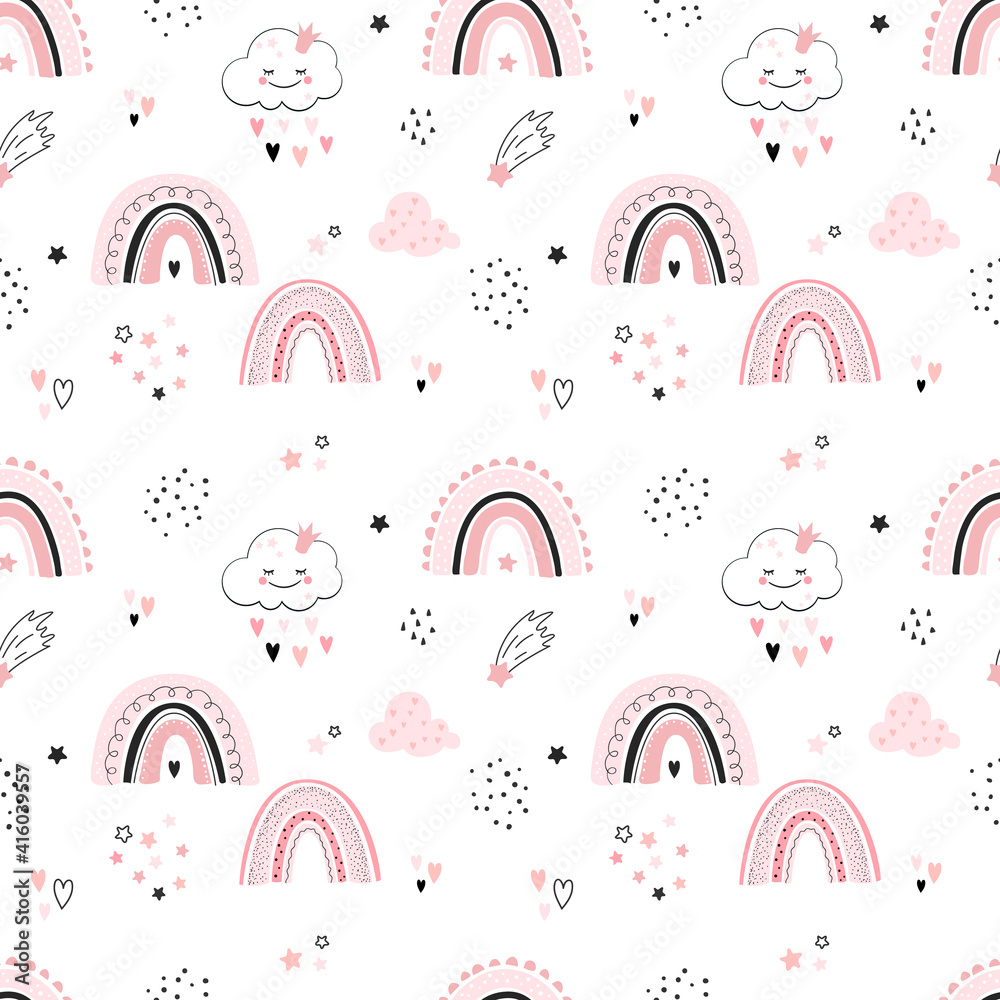Rainbow seamless pattern with clouds, gentle background for girls. Perfect  for kids bedding, fabric, wallpaper, wrapping paper, textile, t-shirt print  Stock Vector