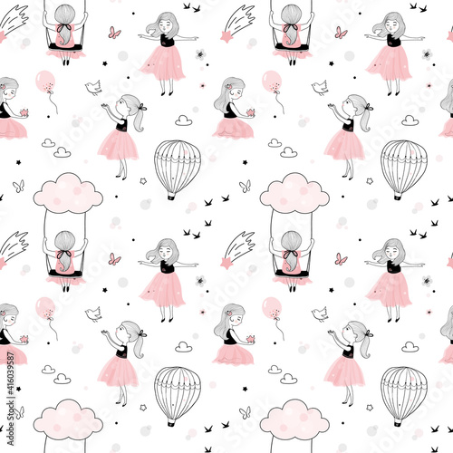 Cute little girls seamless pattern, design for kids, gentle background for princess party. Perfect for fabric, wallpaper, wrapping paper, textile. Hand drawn vector illustration.