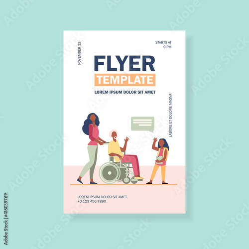 Senior man in wheelchair meeting with granddaughter. Girl visiting grandpa flat vector illustration. Family, generation concept for banner, website design or landing web page