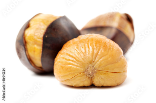 chinese food, peeled roasted chestnut on white background 