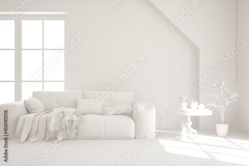 White minimalist living room with sofa. Scandinavian interior design. 3D illustration