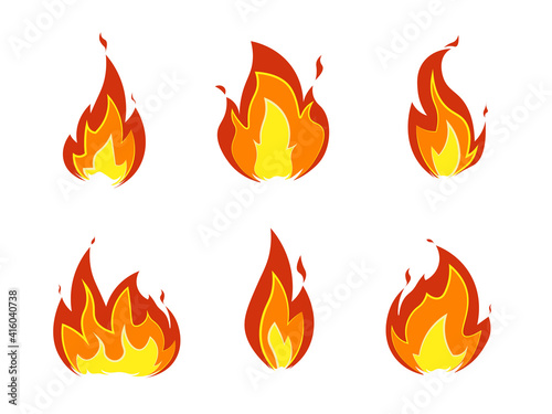 Collection of fire icons. Cartoon bonfire, horizontal flame and seamless border isolated on white background