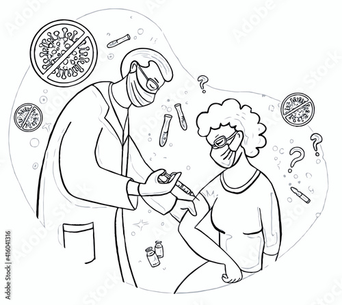 Vaccination of elders. Doctor makes a shot of Coronavirus vaccine to an old woman. Line art Illustration in doodle style