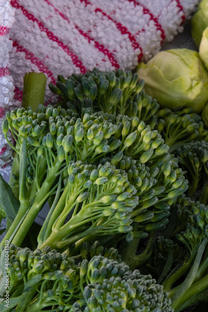 Tenderstem Broccoli on a wooden Board with Sprouts and a Kitchen Knife. Tenderstem Broccoli on a wooden Board with Sprouts and a Kitchen Knife.
