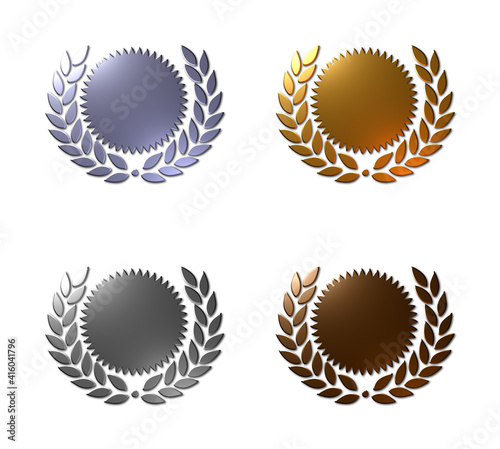 A set of blank 3D rendered illustrated medals in Platinum, Gold, Silver and bronze with laurel decorations around the outside.