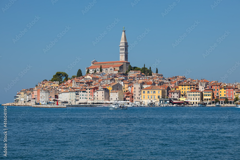 The old part of Rovinj city in Croatia, and the Church of St. Euphemia.