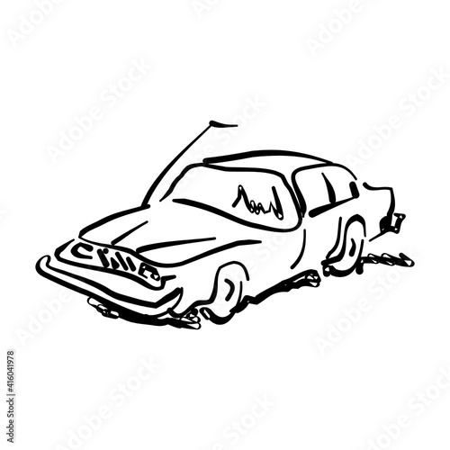 Monochrome hand drawn car on white background, black and white illustrated sedan.