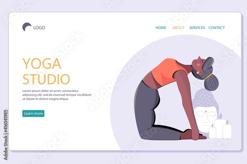 Web page template of Yoga Studio. Flat design concept of web page design for website and mobile website. Woman does yoga exercise, yoga pose. 