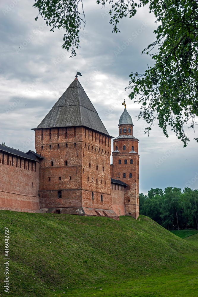 Fortress wall and towers. Kremlin in the city of Novgorod, Russia	