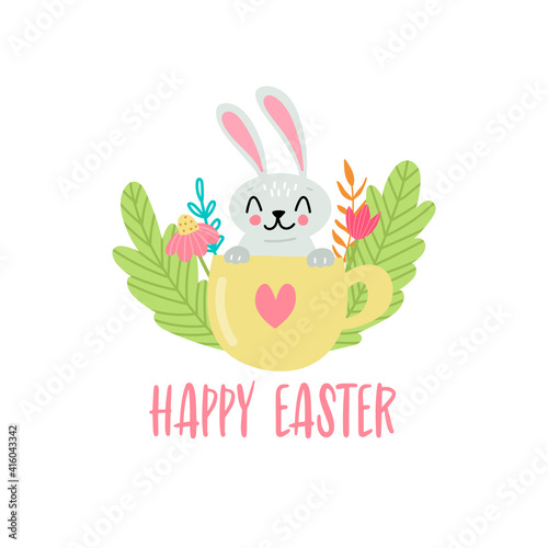 Cute Easter rabbit in cup with flowers and herbs. Vector illustration isolated on white