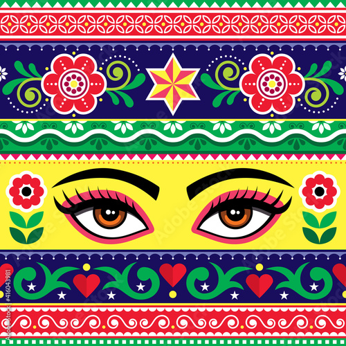 Fototapeta Naklejka Na Ścianę i Meble -  Pakistani or Indian truck art vector seamless pattern with female eyes and flowers - textile or fabric print design
