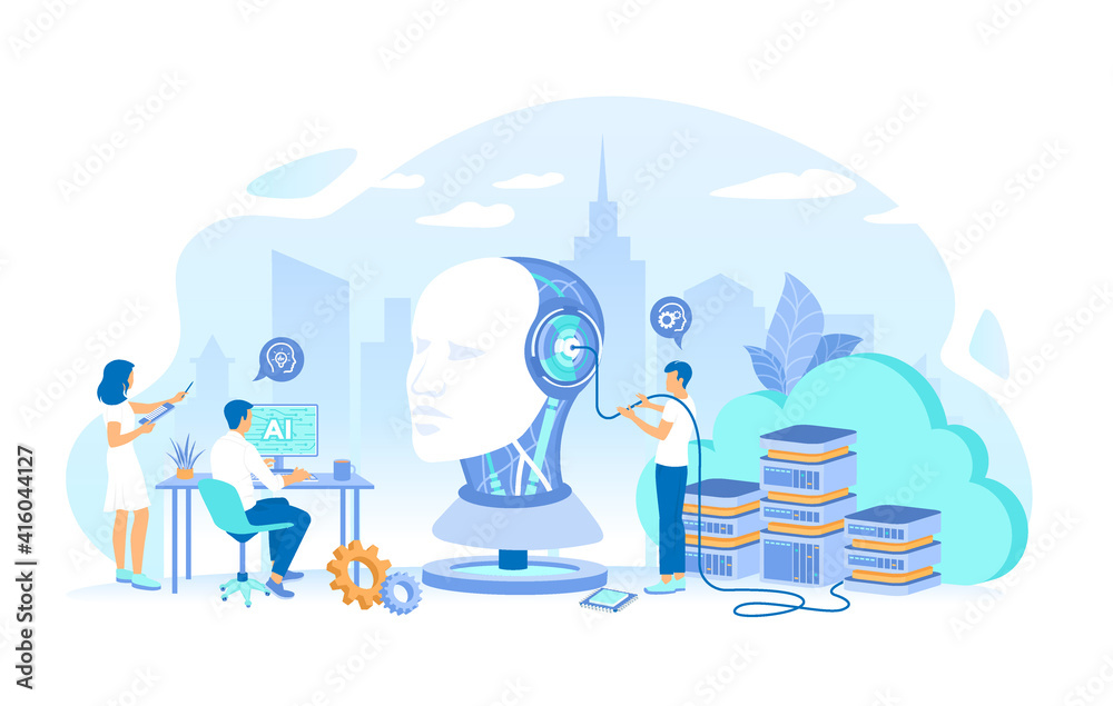 Robot head with a human face. Team works with smart brain computer, neural networks. Artificial Intelligence AI, Future technology, Digital brain, Machine learning, Data mining. Vector illustration