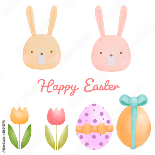Set of Easter design elements watercolor hand drawn.