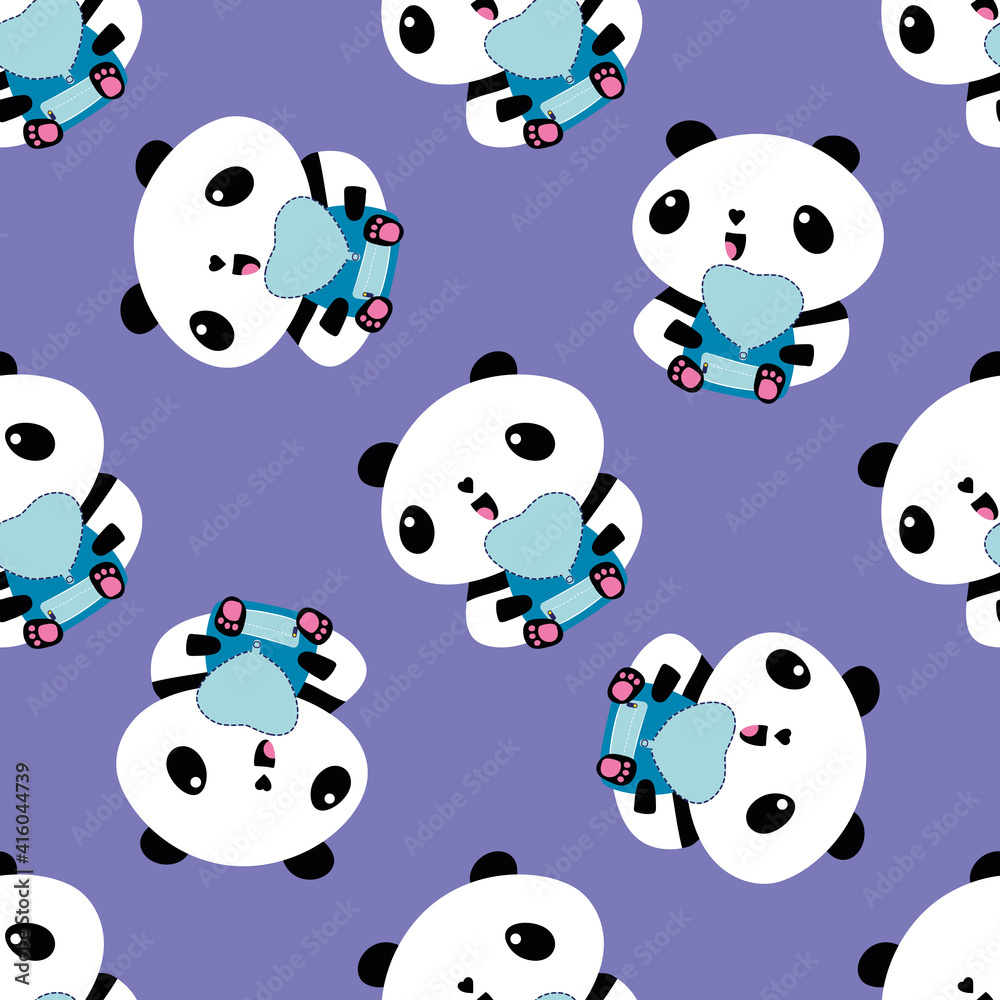 Cute Kawaii vector panda seamless pattern background. Sitting cartoon bears holding blue backpacks and school bags on purple backdrop. Fun character repeat for back to school or kindergarten concept