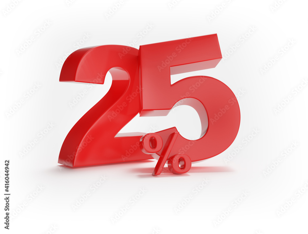25% discount on sale. One hundred and five percent red isolated on white background. 3d rendering. Illustration 25% discount on sale. One hundred and five percent red isolated on white background. 3d rendering. Illustration