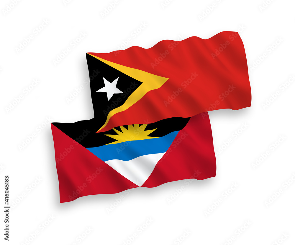 National vector fabric wave flags of East Timor and Antigua and Barbuda isolated on white background. 1 to 2 proportion. National vector fabric wave flags of East Timor and Antigua and Barbuda isolated on white background. 1 to 2 proportion.