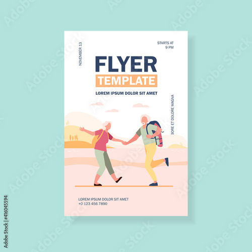 Aged people with bagpacks dancing together in meadow. Nature, trip. Flat vector illustration. Traveling concept can be used for presentations, banner, website design, landing web page
