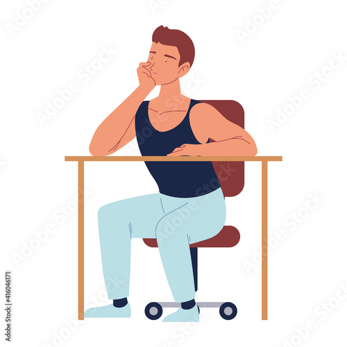bored man sitting on the chair with desk, procrastination isolated design