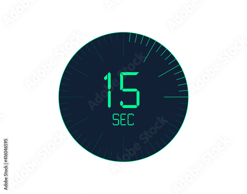 15 sec Timer icon, 15 seconds digital timer. Clock and watch, timer, countdown