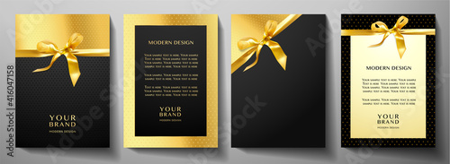 Holiday cover design set. Luxury black background with gold stars pattern and golden ribbon. Formal premium vector collection template for invitation (invite card), greeting or gift card