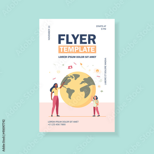 Geography teacher explaining lesson to pupil. Woman with pointer and girl at planet model flat vector illustration. School education concept for banner, website design or landing web page