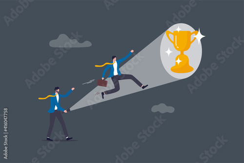 Mentorship or manager support employee finding career success, help and guide to discover potential and reach achievement concept, boss using flashlight to light path help reaching success trophy.