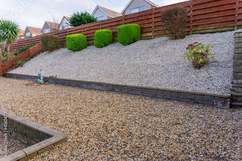 New Landscaped garden with quartz gravel, Cotswold gravel new constructed walls and monoblocked areas. New Fyfestone Walls and monoblocked areas.