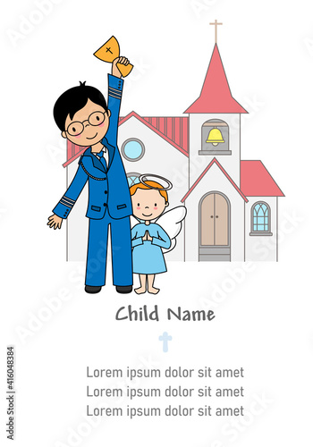 First communion card.  Child with a chalice and angel praying with the church in the background