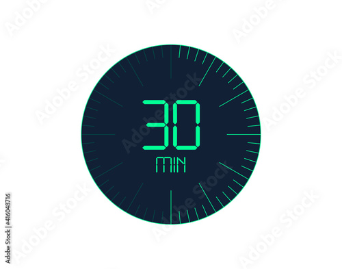 30 min Timer icon, 30 minutes digital timer. Clock and watch, timer, countdown