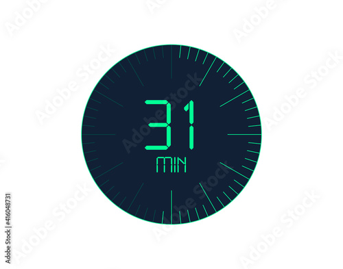 31 min Timer icon, 31 minutes digital timer. Clock and watch, timer, countdown