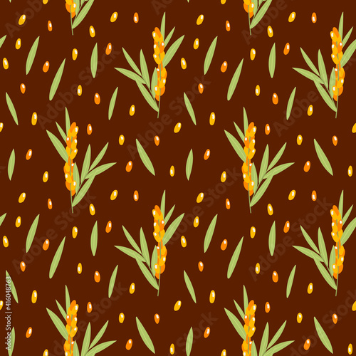 Twigs, berries and leaves of juicy sea buckthorn on a brown background. Vector seamless pattern with berries. Texture for menu, fabric, wrapping paper, product design.