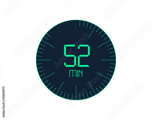52 min Timer icon, 52 minutes digital timer. Clock and watch, timer, countdown