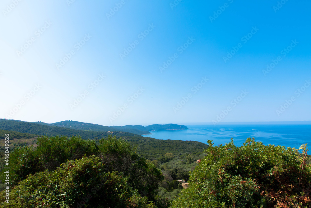 Panorama view of the rocky coastline of corsican Cap Corse near Erbalunga, Corsica, France. Tourism and vacations concept.