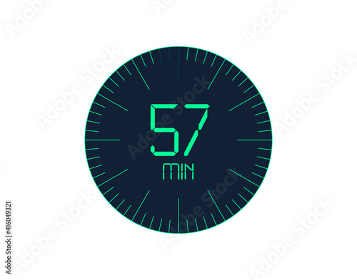 57 min Timer icon, 57 minutes digital timer. Clock and watch, timer, countdown