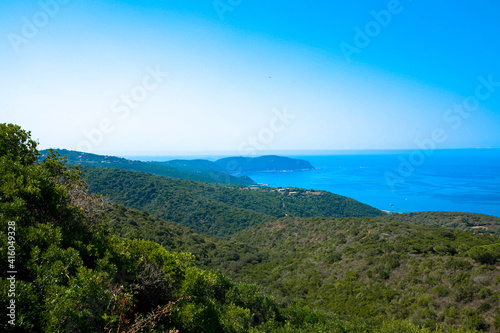Panorama view of the rocky coastline of corsican Cap Corse near Erbalunga, Corsica, France. Tourism and vacations concept.