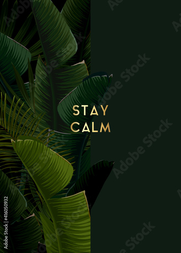 Dark summer tropical design with banana palm leaves and integrated text with 3d effect. Vector backdrop illustration.
