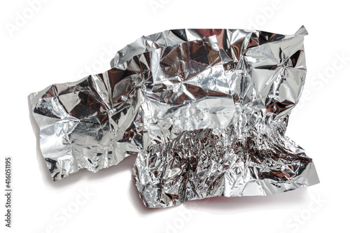 White shiny aluminum foil wrap on a white background.