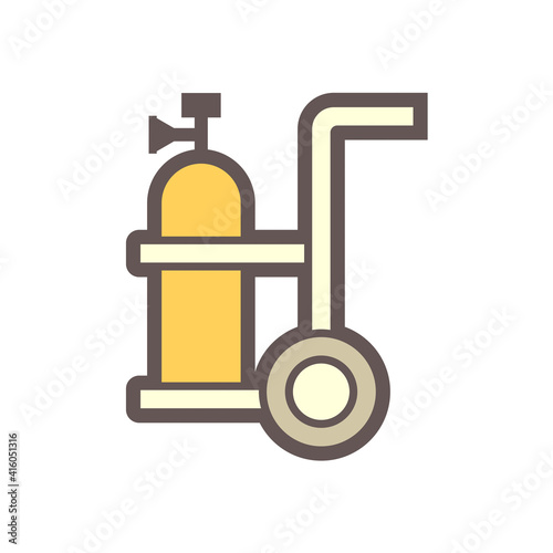 Oxygen tank or oxygen storage vessel in telescopic handle foldable trolley cart on wheels vector icon design. For medical breathing, therapy in hospital and welding, cutting work in construction site.
