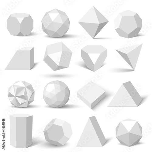 Set of white geometric figures. polyhedrons. Vector illustration.