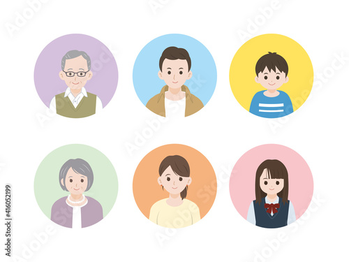 三世代家族　アイコン　笑顔　イラスト素材