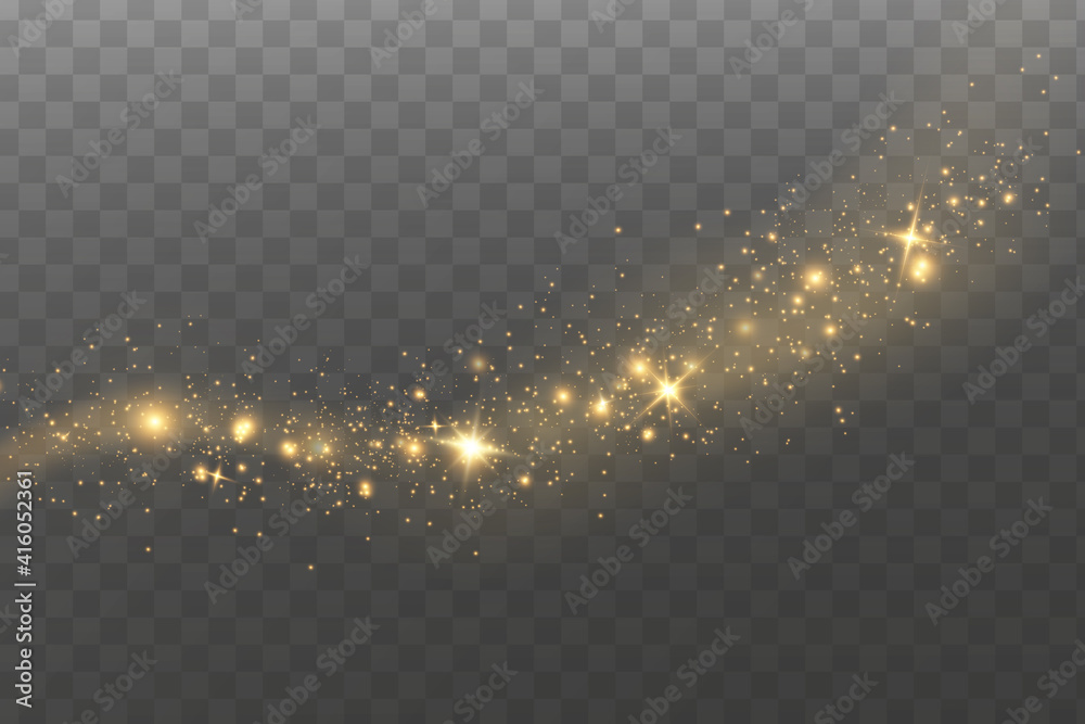 Christmas light effect. Sparkling magical dust particles.The dust sparks and golden stars shine with special light.